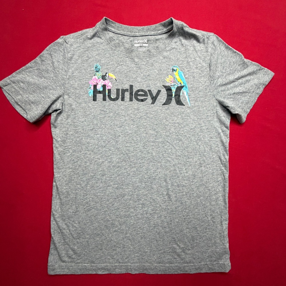 SURF Hurley Kids Gray Tropical Parrot‎ Toucan Graphic T-Shirt Size 14/16 Large